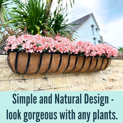 LaLaGreen Wall Hanging Planters (48 Inch, 4 Pack) Long Window Flower Box Planter with Coco Liner, Black Metal Rectangular Outdoor Plants Attach to House Horse Trough Fence Balcony Garden Porch Patio
