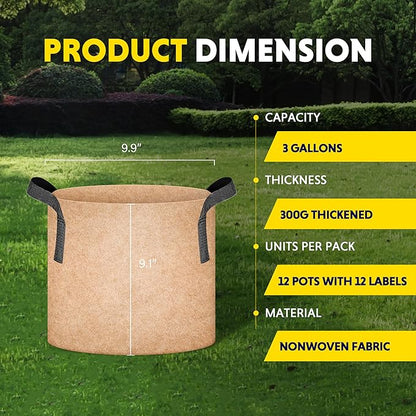 YSSOA 12-Pack 3 Gallon Grow Bags Heavy Duty Thickened Nonwoven Aeration Fabric Pots with Handles, Cloth Pots for Plants, Vegetable, Flower, Tomato Potato