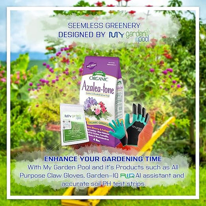 Espoma AT8 Azalea-Tone 4-3-4; 8 lb. with My Garden Pool PH Soil Test Strips 20 ct, and My Garden Pool Superior Gardening Claw Gloves and Garden-IQ, Smart Gardening AI Assistant!