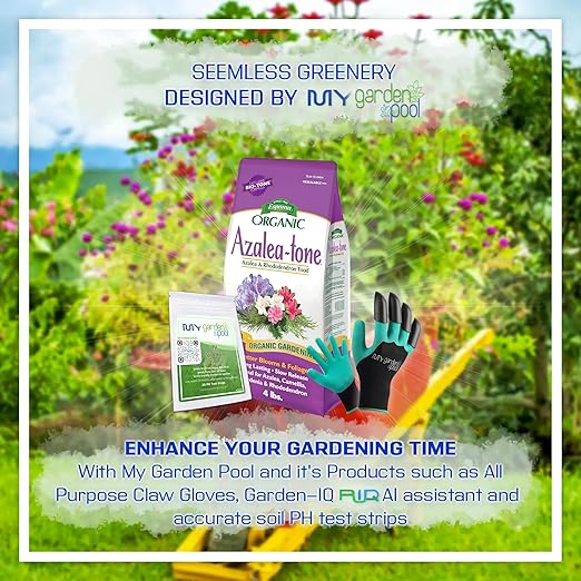 Espoma AT4 Azalea-Tone 4-3-4; 4 lb. with My Garden Pool PH Soil Test Strips 20 ct, and My Garden Pool Superior Gardening Claw Gloves and Garden-IQ, Smart Gardening AI Assistant!