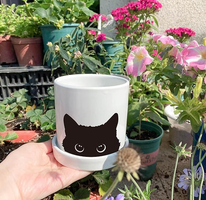 4.3'' Black Cat Ceramic Succulent Pot, Cute Cat Plant Pot with Drainage Hole & Ceramic Tray, Funny Home Office Cactus Planter