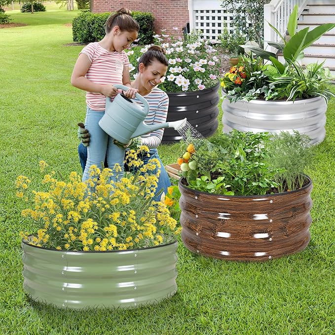Galvanized Raised Garden Bed- 2Pcs 3x3x1FT Metal Planter Boxes Outdoor | Round Steel Raised Bed Kit & Fire Pit Ring for Gardening with Protective Tape, Gloves for Vegetables, Flower (Green)