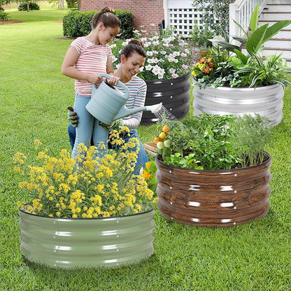 Galvanized Raised Garden Bed- 2Pcs Metal Planter Boxes Outdoor | 12" Tall 24" Round Steel Raised Bed Kit & Fire Pit Ring for Gardening with Protective Tape for Vegetables (Wood Grain)