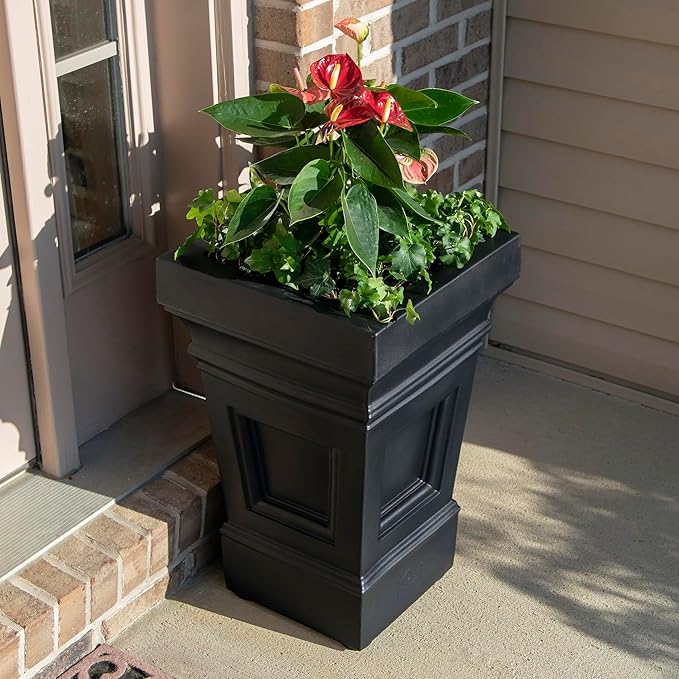 Step2 Atherton Square Planter, Large Planters for Outdoor Plants, Gardening and Flower Pot for Patio or Porch, Efficient Drainage, Durable Plastic, Onyx Black, 2-Pack
