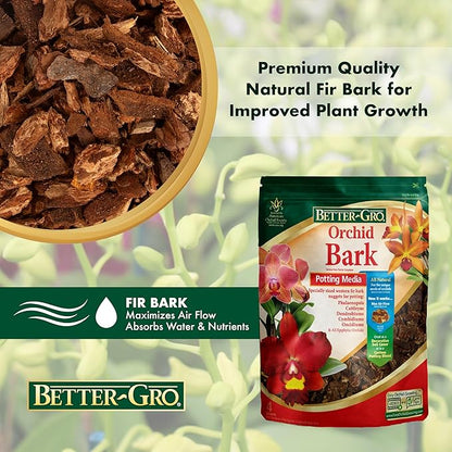Better-Gro Orchid Bark-Premium Grade Orchid Potting Medium for Potting,Repotting,Root Development,and Water Retention,Ideal for Phalaenopsis,Epiphytic Orchids,and Tropical Plants-4 Quarts,(Pack of 2)