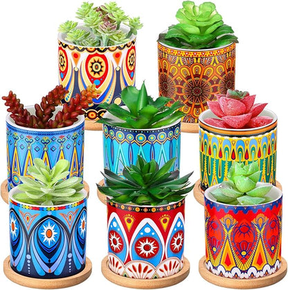 Zopeal 8 Pcs 3 Inch Succulent Planter Pot Ceramic Cactus Pots with Drainage Holes and Bamboo Trays for Indoor Plants Flowers for Home Garden Mexican Party Decor