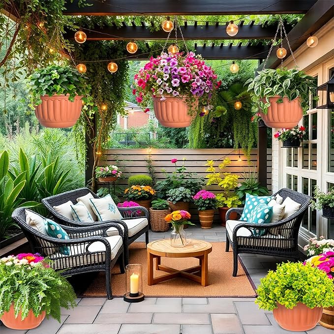 12 Sets Hanging Planters for Indoor and Outdoor Plants Terracotta Self Watering Hanging Basket Flower Pots Plastic Plant Pots with Drainage Hole and Absorbing Tray (10 Inch)