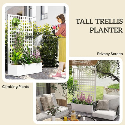 Outsunny Galvanized Raised Garden Bed with Trellis, Metal Planter Box with Drainage Holes, Outdoor Privacy Screen for Climbing Plants, Vegetable, Vines, 43" x 16" x 70", White
