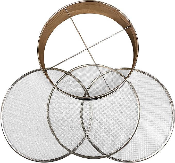 4pc Soil Sieve Set, 12" diameter - Stainless Steel Frame Three Interchangeable Sieves With Varying Mesh Sizes Grade - Mix Soil Filter Large Debris Replacement Screens Available Great for Bonsai