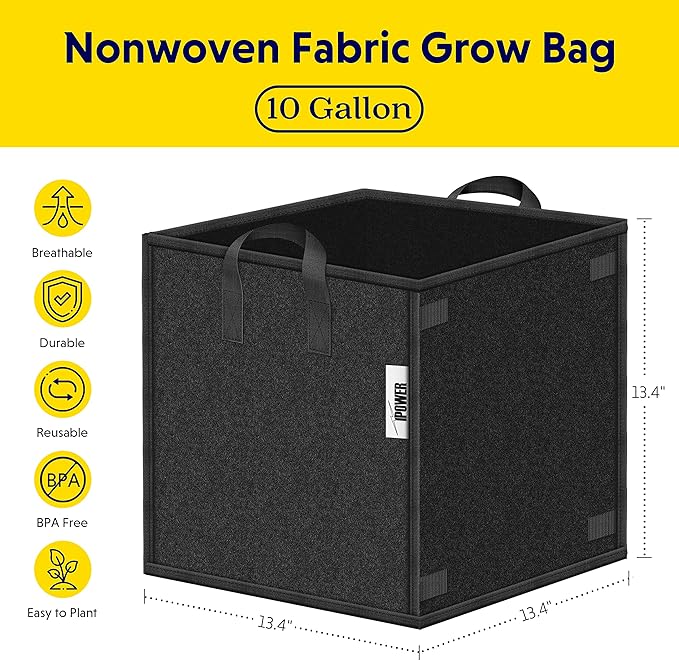 iPower 5 Pack 10 Gallon Square Grow Bags Thick Fabric Planting Pots with Handles for Indoor and Outdoor Garden, Black