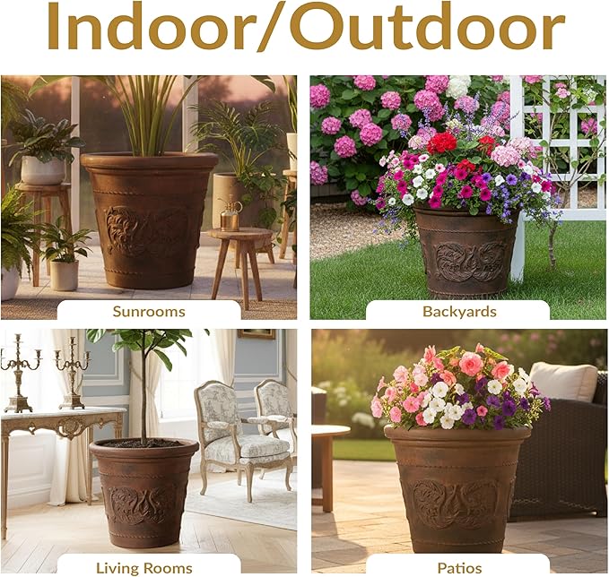 Sunnydaze 19.5-Inch Arabella Large Plastic Pot for Plants - Outdoor Double-Walled Polyresin Large Plastic Planter with Drillable Drainage Holes - 2 Pack - Rust