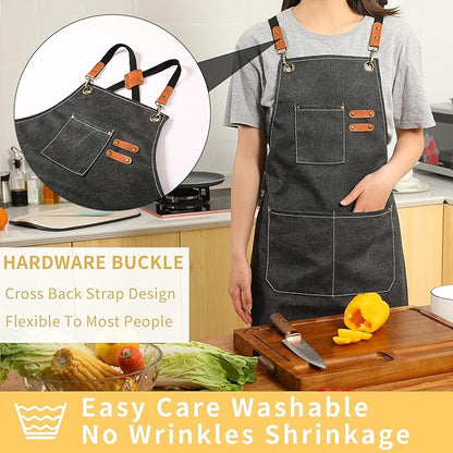 Tosewever 2 Pack Canvas Cross Back Chef Apron for Men Women with Pockets, Cotton Tool Aprons for Cooking Kitchen BBQ Artist