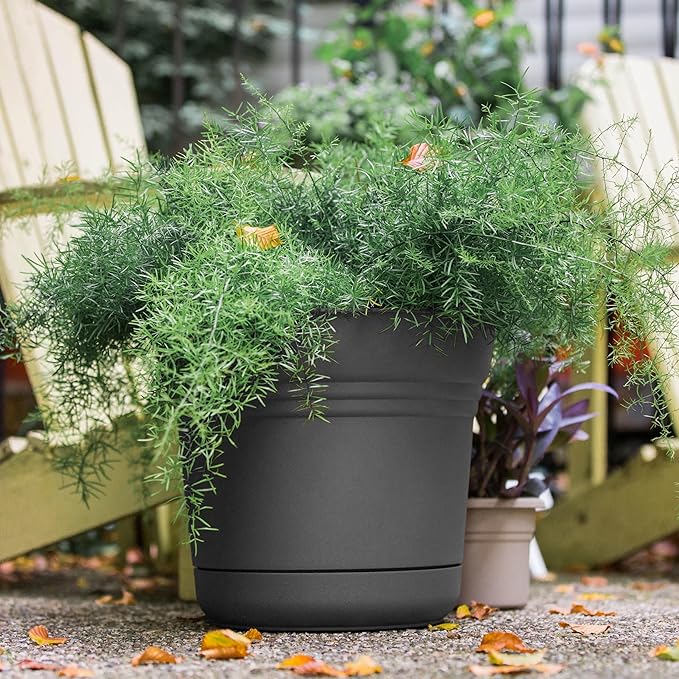 Bloem Saturn 10" Charcoal Round Resin Planter Pot with Snap-in Saucer for Indoor and Outdoor Gardening