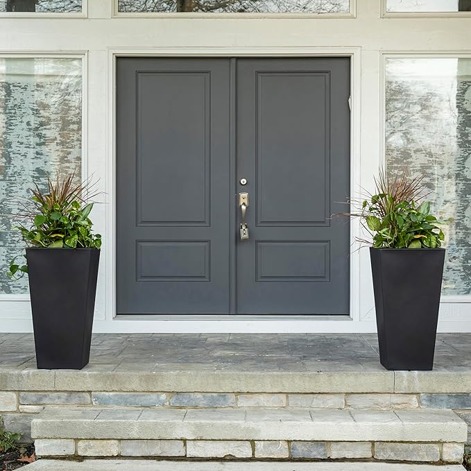 Step2 Tremont Tall Square Tapered Planter, Large Planters for Outdoor Plants, Gardening and Flower Pot for Patio or Porch, Efficient Drainage, Durable Plastic, Onyx Black, 1-Pack