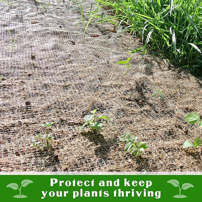 Tranqun Jute Erosion Control W Soil Saver Mesh Blanket Jute Netting with 100 Galvanized 4'' Landscape Staple Burlap Net Cloth for Erosion Control on Hill Slope Riverbank Oceanfront (60 ft L x 4 ft)
