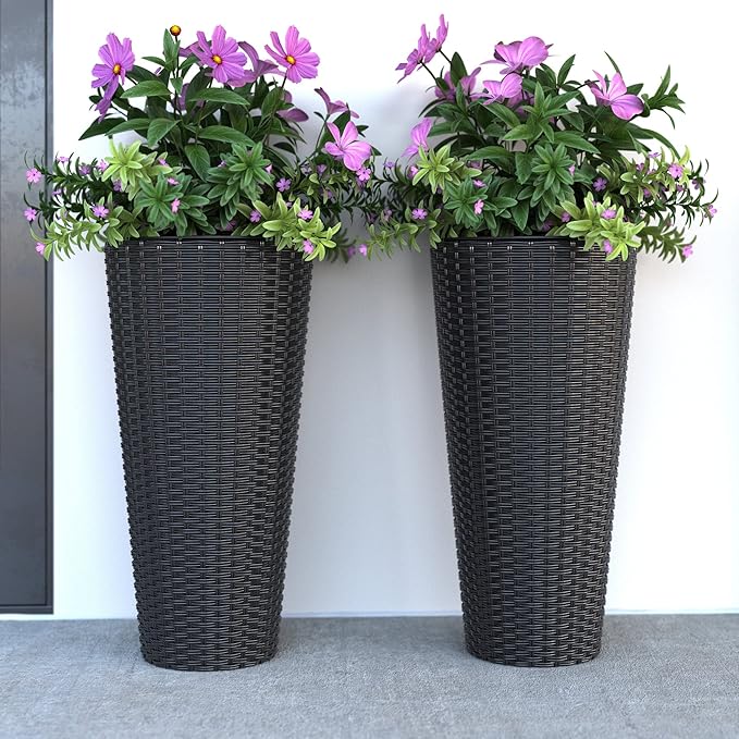 Balkene Home Noah Round Wicker Planter Tall Planter Decor Box for Adaptable Outdoor Furnishings All Weather Versatile Perfect Patio Herb Garden Living Space - 2 Piece Set - Black