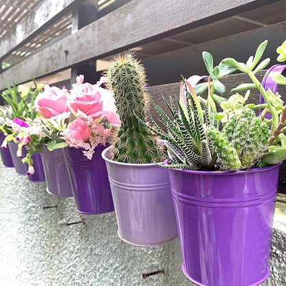 LaLaGreen Hanging Planter Outdoor - 10 Pack, 4 Inch Fence Planters Outdoor Purple Hanging Window Flower Bucket Metal Succulent Pots Balcony Railing Wall Garden Deck Porch Herb Plant Macetas Exterior