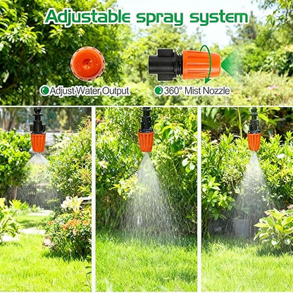 50FT Garden Drip Irrigation Kit - DIY Misting Cooling System with 1/4" Tubing & Adjustable Atomizing Nozzles for Greenhouse, Patio, Raised Beds, Potted Plants