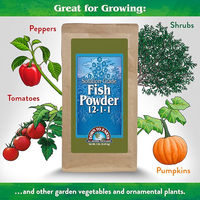 Down To Earth All Natural Fertilizers Organic Solution Grade Fish Powder - Water Soluble Nitrogen - Makes up to 50 Gallons of Liquid Fish Fertilizer for Soil or Foliar Spray 12-1-1, 1 lb