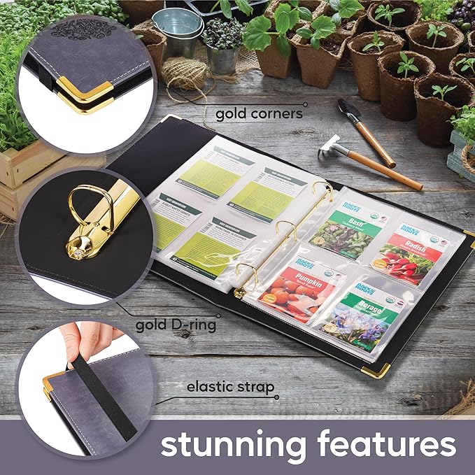 Willow and Wildflower Garden Seed Organizer Binder, Seed Storage Organizer, Garden Binder Book for Packet Storage Catalog Can Store 120 Packets with Dibber and Widger (Slate Blue)
