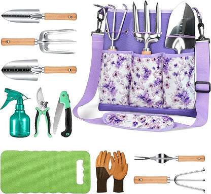 All-in-One Garden Tool Set, 11-Piece Heavy Duty Gardening Tools with Ergonomic Canvas Shoulder Crossbody Bag, Rust-Proof Premium Garden Tool Kit, Gardening Gift for Women Men (Purple)