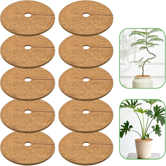 ZeeDix 10 Pack Coconut Fiber Mulch Ring, 9 Inch Coco Coir Tree Ring Mulch Mat, 100% Natural Tree Protector Mat Plant Cover Ring Coconut Coir Discs Tree Mats Mulch Rings for Indoor Outdoor Trees Plants