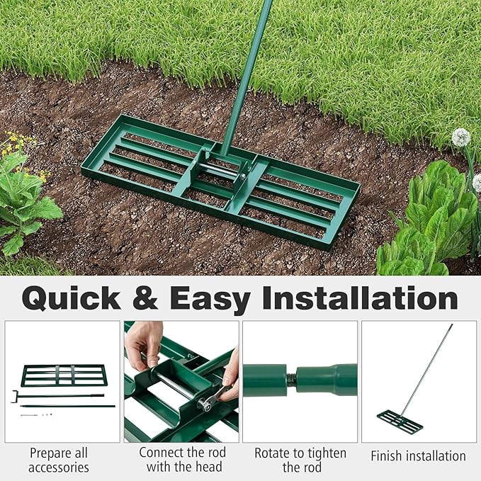 30" x 10" Lawn Leveling Rake, Heavy Duty Landscape Rake with 67" Handle, Non-Slip Grip & Flat Head, Space-Saving Lawn Level Tool for Garden, Backyard, Golf Course & Sports Field(Green)