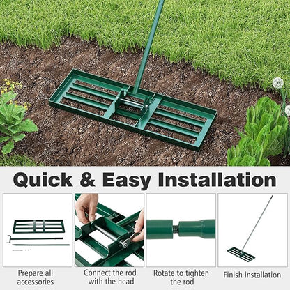 30" x 10" Lawn Leveling Rake, Heavy Duty Landscape Rake with 67" Handle, Non-Slip Grip & Flat Head, Space-Saving Lawn Level Tool for Garden, Backyard, Golf Course & Sports Field(Green)