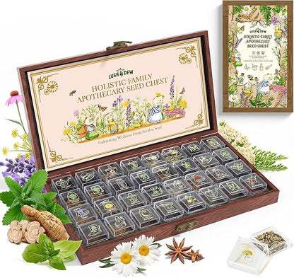 Lush&Dew Holistic Family Apothecary Seed Chest, 30,000+ Medicinal Herb Survival Seed Kit, Gardening Gifts for Women Men, 32 Varieties Heirloom Non-GMO Culinary Herb Seeds for Raised Bed Windowsill