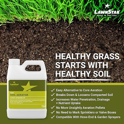 Liquid Lawn Aerator (32 fl oz) - Loosens & Conditions Compacted Soil - Alternative to Core and Mechanical Aeration - Improves Water Penetration & Drainage + Soil Oxygenation - American Made