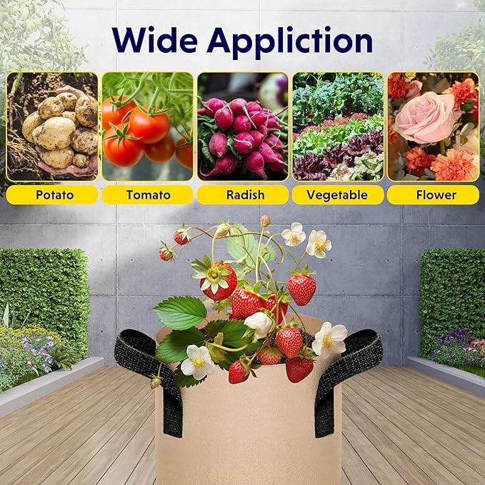 iPower 10-Pack 2 Gallon Plant Grow Bags Thickened Nonwoven Aeration Fabric Container Heavy Duty Durable Pots, Strap Handles for Garden, Tan