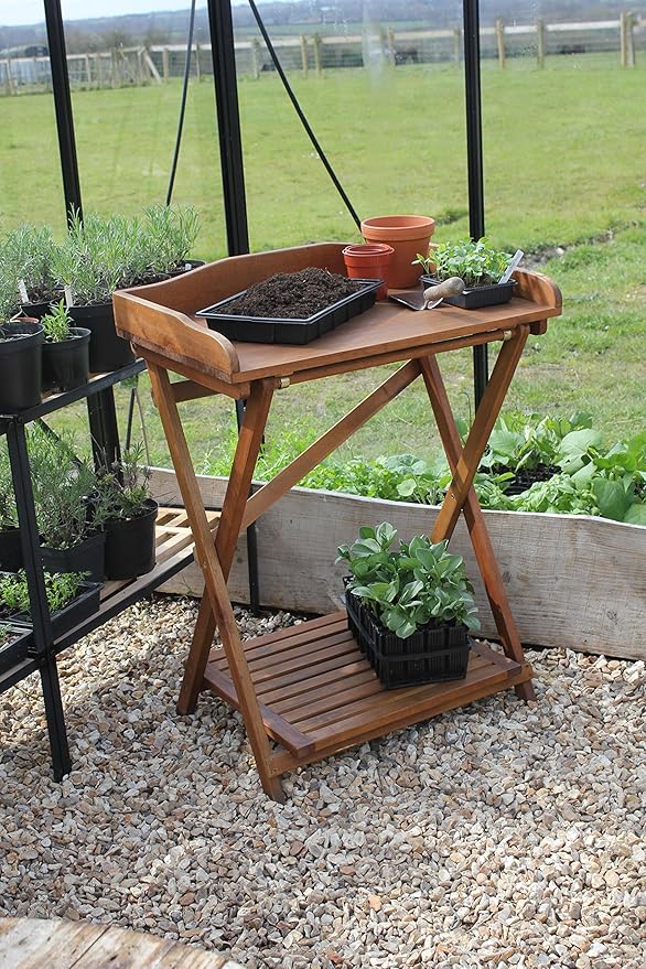 Haxnicks Hardwood Potting Table – Folding Garden Workbench with Storage Shelf & Soil Guard | Acacia Wood | 29.5" W x 39.3" H x 18.8" D