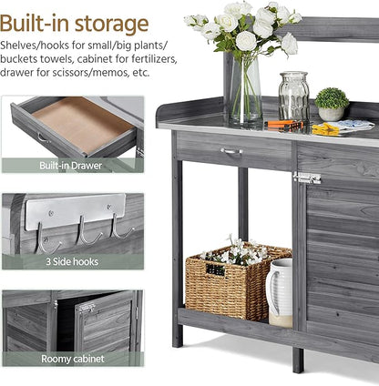 Topeakmart Garden Potting Bench Wooden Workstation Outdoor Wooden Potting Table W/Top Shelf & Lower Shelf & Cabinet Drawer & Open Shelf Gray