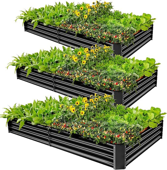 Land Guard 3 Pack 8×4×1ft Galvanized Metal Raised Garden Bed, Metal Planter Kit Box Outdoor for Deep-Rooted Vegetables, Flowers, Green and Herbs, Gray