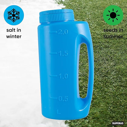 Superio Handheld Spreader for Lawn and Garden Seed, Fertilizer and Ice Melt Spreader 2 Liter, Adjustable Hole Size