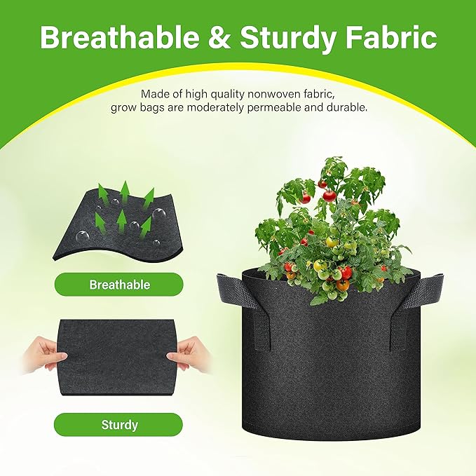 HealSmart 12-Pack 3 Gallon Nonwoven Grow Bags, Aeration Fabric Pots with Handles, Suitable for Garden Fruits, Vegetables and Flowers, Black