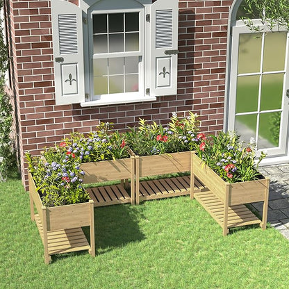 Kullavik 4 pcs Raised Garden Bed with Legs,Outdoor Elevated Cedar Wood Planter Box with Storage Shelf for Vegetables/Flowers/Herbs in Balcony/Backyard/Patio,220lb Capacity-Natural