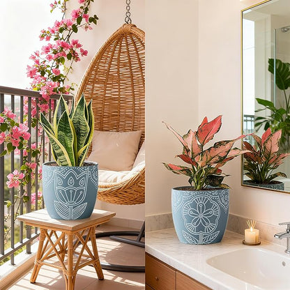 Terracotta Plant Pots,6.5+5+4.4 Inch Plant Pots Indoor with Drainage Hole- Floral Pattern,Blue Ceramic Planters for Indoor Plants,Boho decorative Flower Pots for Succulents,Herbs Plants,Set of 3