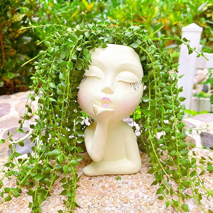 Face Planter Pots Resin Air Kiss Head Face Planter Standing Flower Pots for Trailing Plants Handcrafted Succulent Planter Pot for Indoor and Outdoor Plants Pale Yellow 1Pack