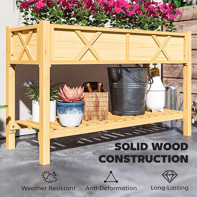 Outsunny Raised Garden Bed, Elevated Wood Planter Box with Storage Shelf, Drainage Holes, and Liner for Backyard, Patio, Balcony, 47 x 22 x 31.5 in, Natural