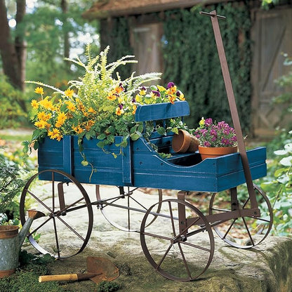 Collections Etc Amish Wagon Decorative Indoor/Outdoor Garden Backyard Planter, Blue