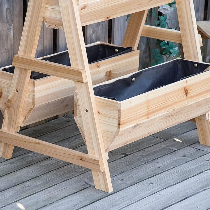 Outsunny 3 Tier Verctial Raised Garden Bed, Wooden Elevated Planter Box with Fabric Liner and Drainage Holes, for Vegetables, Herbs, Flowers, Natural
