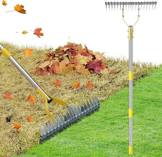 Thatch Rake, 2 in 1 Stainless Steel Garden Rake for Thatch Leaves,55” Heavy Duty 19 Tines Lawn Manual Dethatcher with Adjustable Head,Thatching Rakes for Lawn Yard Grass,Debris Removal, Soil Loosen