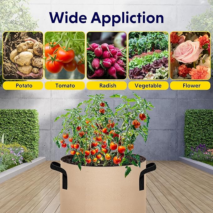 iPower 10 Pack 15 Gallon Grow Bags with Labels, 300G Thickened Nonwoven Plant Fabric Pots with Handles, Aeration Garden Grow Pots for Tomato Potato Vegetables, Fruits, Flowers, Tan