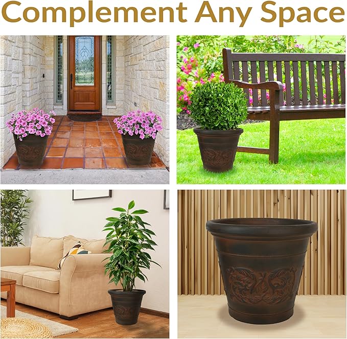 Sunnydaze 16-Inch Arabella Large Plastic Pot for Plants - Outdoor Double-Walled Polyresin Large Plastic Planter with Drillable Drainage Holes - Rust - 4-Pack