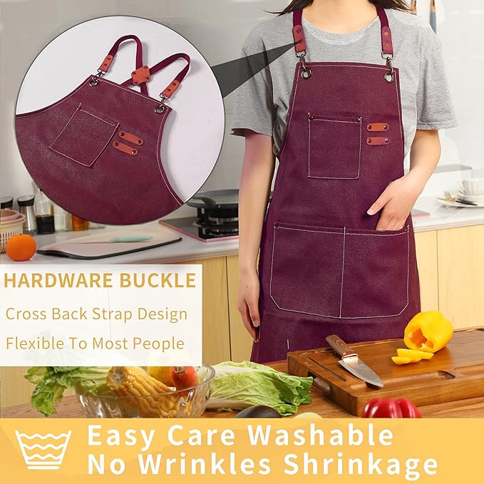 Tosewever Canvas Cross Back Chef Cotton Aprons for Men Women with Large Pockets