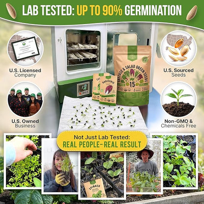Organo Republic 15 Lettuce & Salad Greens Seeds Variety Pack 17700+ Non-GMO Heirloom Lettuce Seeds for Indoors & Outdoors Garden, Hydroponics, Aerogarden - Arugula, Kale, Spinach, Swiss Chard, Lettuce
