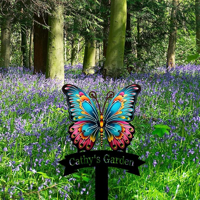 Custom Name Garden Decor Sign Butterfly, Personalized Colorful Butterfly Metal Garden Sign with Stake, Colorful Butterfly Metal Art Garden Stake Decorative Outdoor Yard Sign