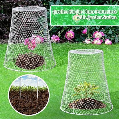 Therwen 15 Pcs Large Chicken Wire Cloche Plant Protector Cover 11x12 Inch Metal Garden Cloche Dome for Plants Wire Protection Basket with Garden Stakes Plant Cages from Animals (White)