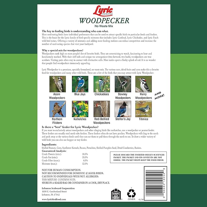 Lyric Woodpecker Wild Bird Seed for Outside Feeders, Shelled, No Waste Bird Seed with Nuts & Dried Fruit, 5 lb Bag